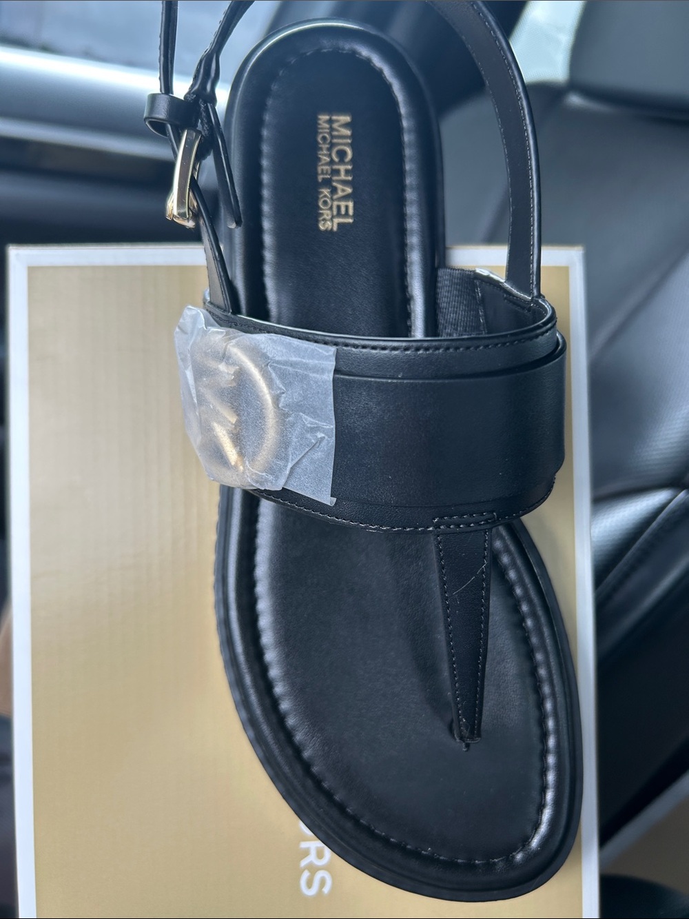 Michael Kors Black Leather Thong Sandal with Ankle Strap